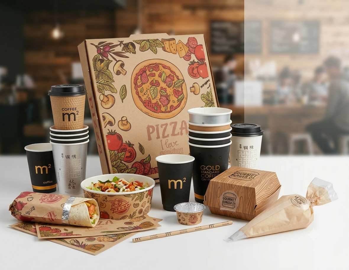 Custom branded cups, pizza boxes, and food packaging
