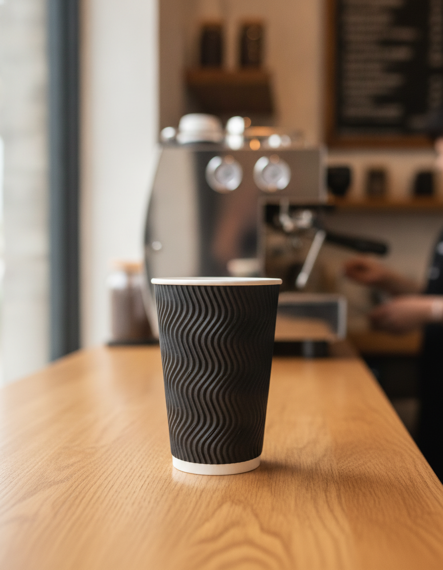 Custom Coffee Cups Aqueous in a cafe and bakery setting