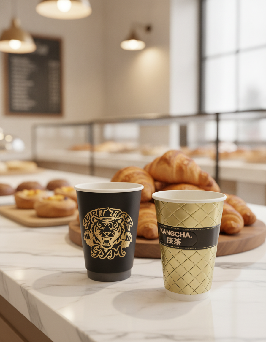 Custom Coffee Cups Recyclable in a cafe and bakery setting